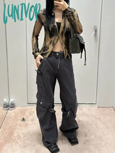 Lunivop Woman Jeans Denim Pants Baggy Low Waist Wide Leg Wash Multiple Pockets Vintage Fashion